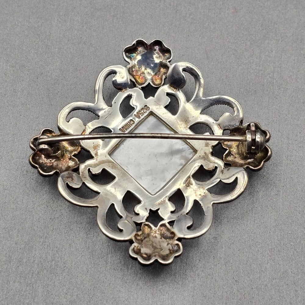 VTG 925A Sterling Silver MOP Brooch 1.25" Floral Cutouts Art Nouveau 11.41g - Picture 2 of 8